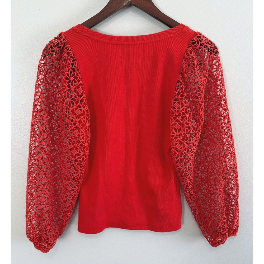 Maeve Anthropologie Red Ribbed Knit Top Floral Guipure Lace Balloon Sleeve Sz XS - Picture 5 of 12